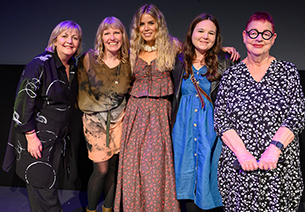Photo of Funny Women founder Lynne Parker, finalists Kate Rawson, Chloe Patridge (winner), Rosanna Wood and Matron Jo Brand at the 2023 Awards